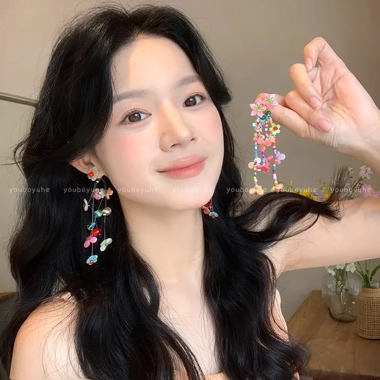 合金树脂耳饰 超仙彩色花朵流苏耳钉度假风耳环2025新款夏季耳饰