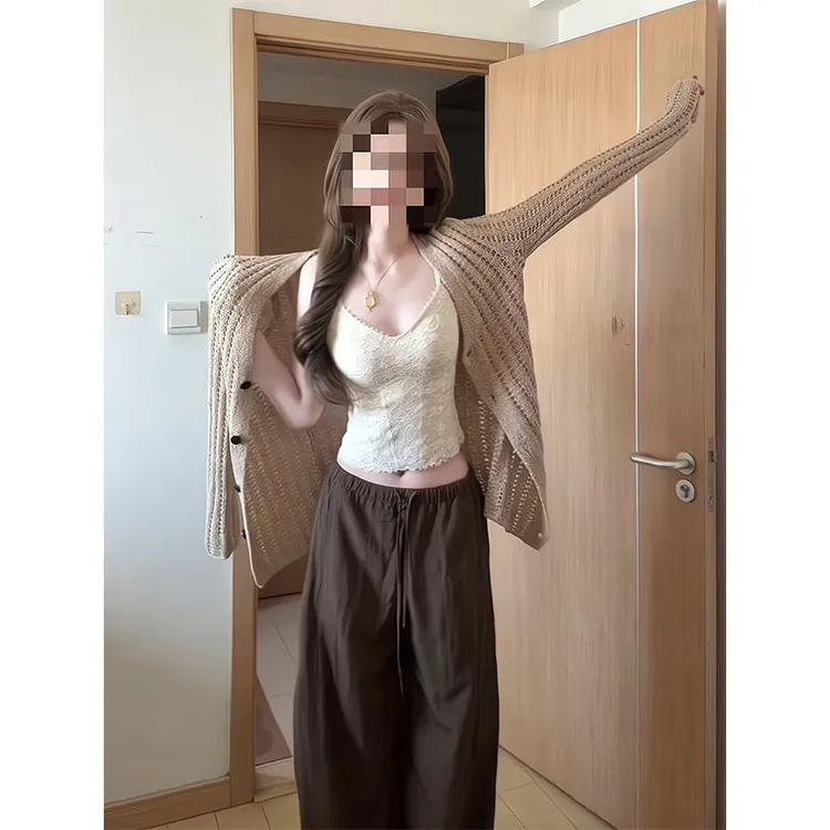 慵懒风镂空V领针织开衫修身气质百搭毛衣外套纯欲吊带显瘦休闲裤