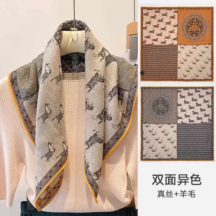 达芬奇密码【骏马阵列】65cm丝毛70%绵羊30%桑蚕喷绘中方巾（双面）