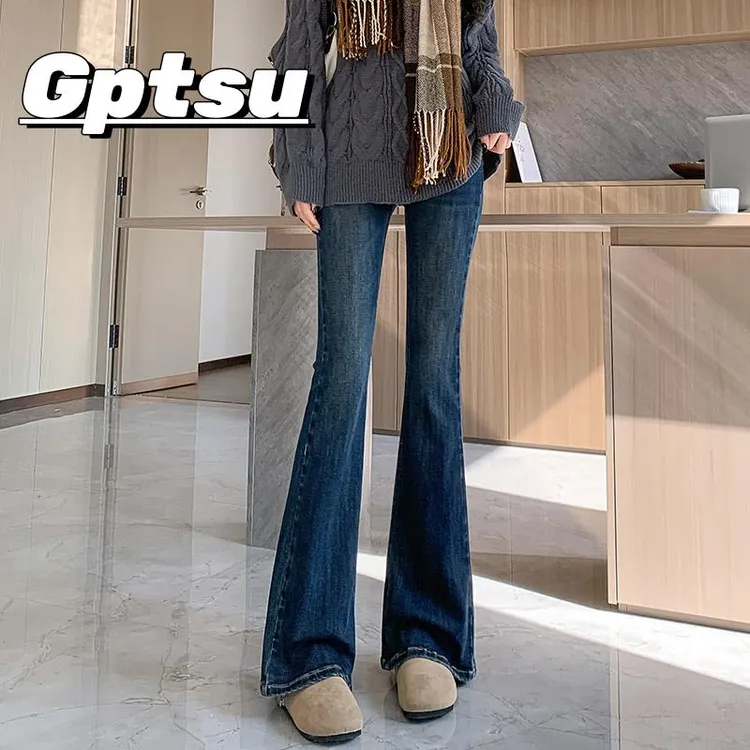 GPTSu蓝色弹力微喇牛仔裤女2025秋冬新款高腰修身显瘦辣妹马蹄裤