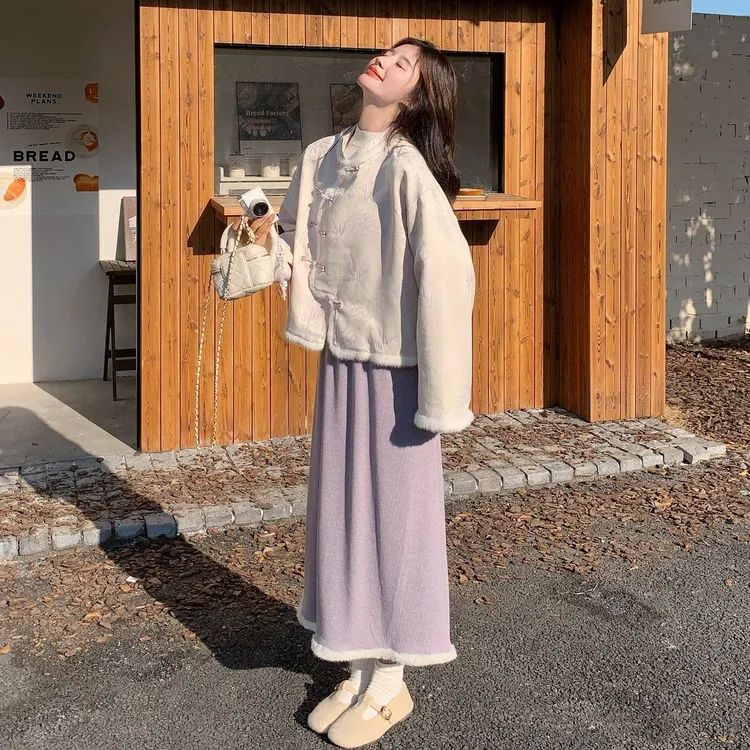 紫色系温柔风国风提花毛绒拼接外套套装女2025冬新款半身裙两件套