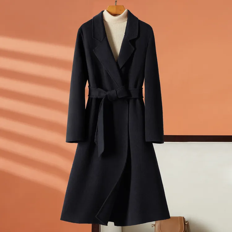 高端双面羊绒大衣女中长款冬季正肩修身减龄黑色赫本风羊毛呢外套