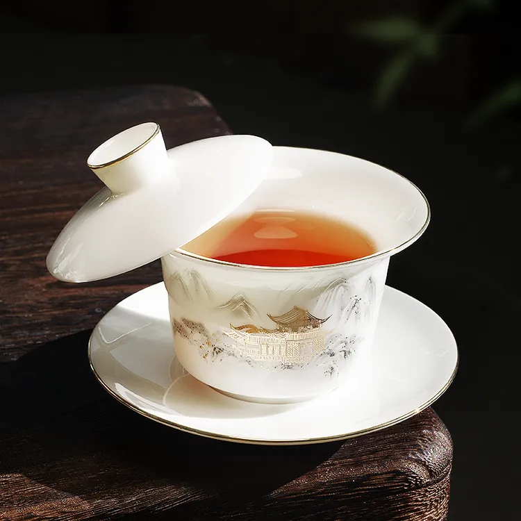 德化白瓷可悬停三才盖碗泡茶碗羊脂玉瓷描金高档陶瓷可旋转盖碗