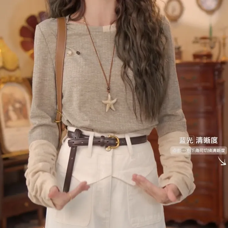 【燕麦酸奶】港风复古拼接针织宽松女百搭上衣T恤LK2506582