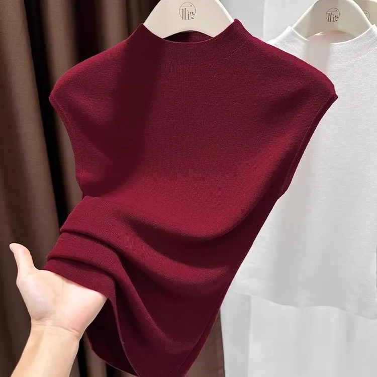 芯娇晴气质半高领小飞袖t恤女薄款针织衫夏红色无袖坎肩背心上衣