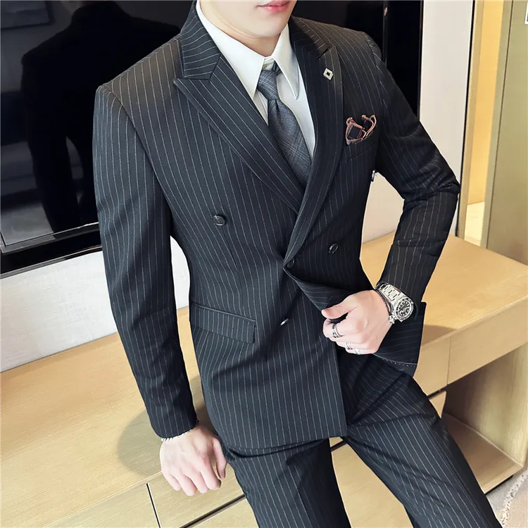 CATIA SELI轻奢时尚西服套装条纹西装三件套男士休闲新郎结婚礼服