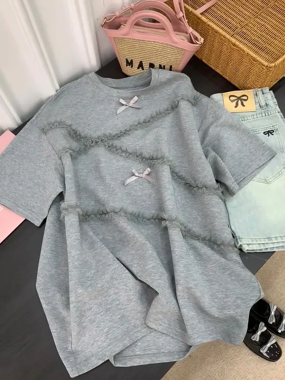 2025夏季新款时尚蝴蝶结蕾丝拼接灰色宽松显瘦短袖T恤上衣女