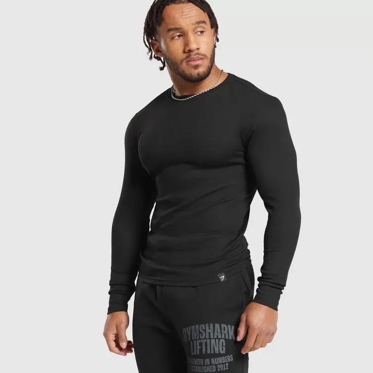 GYM鲨鱼ribbed百搭下摆小标高弹修身天丝螺纹运动休闲修身长袖W4