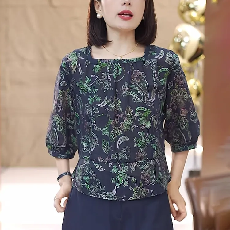 2025夏季新款女士印花亚麻衬衫时尚洋气减龄宽松休闲显瘦碎花上衣