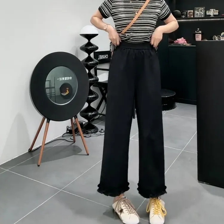 新款木耳花边阔腿裤女夏季薄款宽松高腰显瘦小个子直筒休闲九分裤