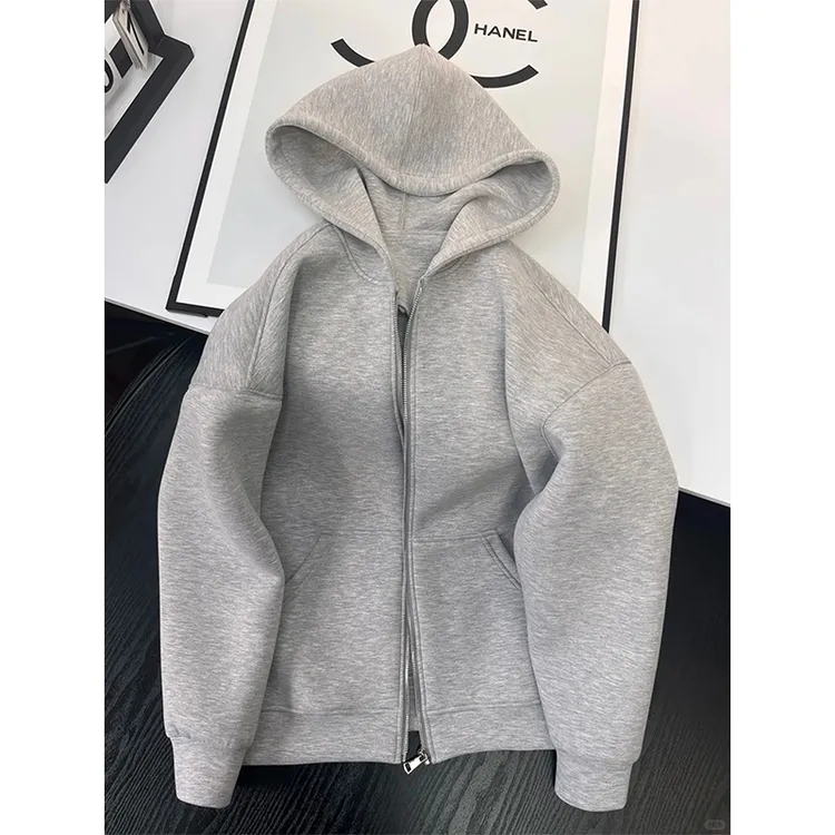 浅灰色拉链连帽外套男款美式重磅硬挺开衫卫衣慵懒风潮牌休闲上衣