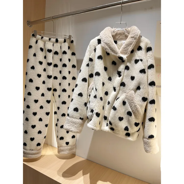 韩系甜美可爱加绒珊瑚绒睡衣女韩系甜美冬季新款休闲保暖外穿套装