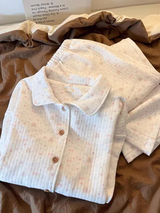 夹棉星星卡通小熊保暖新款秋冬翻领口袋韩版睡衣女家居服春季套装