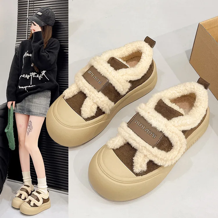 棉鞋女2025新款秋冬季加绒加厚保暖厚底板鞋魔术贴运动休闲面包鞋