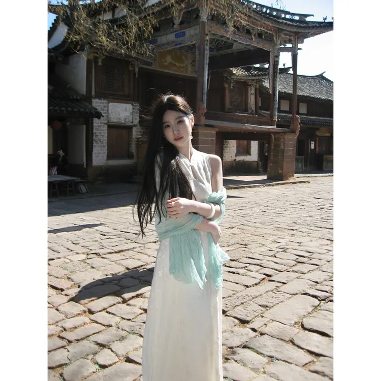 W51【白玉海棠】白色新中式连衣裙裙子女无袖改良旗袍收腰显瘦长裙