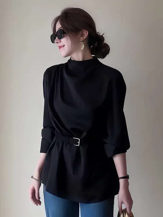 高级感半高领长袖黑色衬衫2025秋季新款设计感老钱风穿搭上衣女装