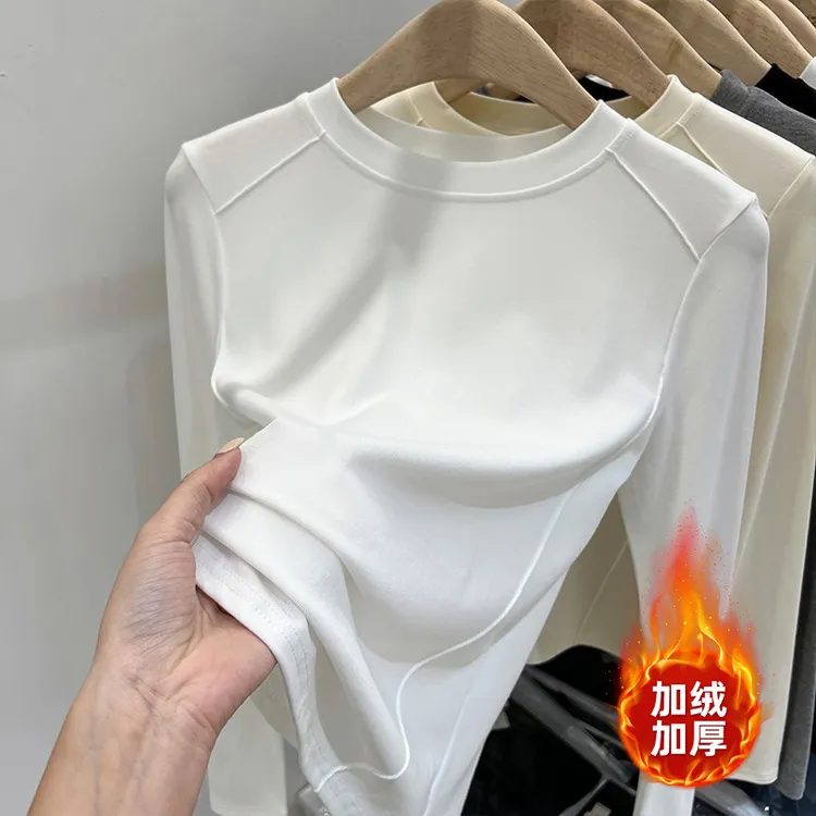 欧货白色长袖t恤女秋冬2025新款保暖鱼骨百搭打底衫内搭加绒上衣