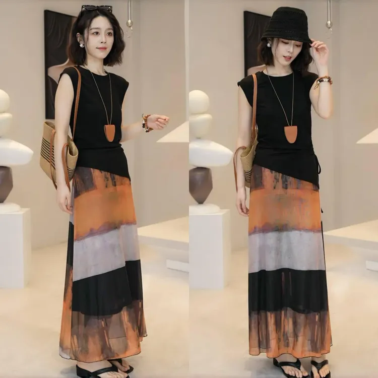 今年流行的漂亮套装裙女春夏后纽扣抽绳上衣晕染网纱半身裙两件套