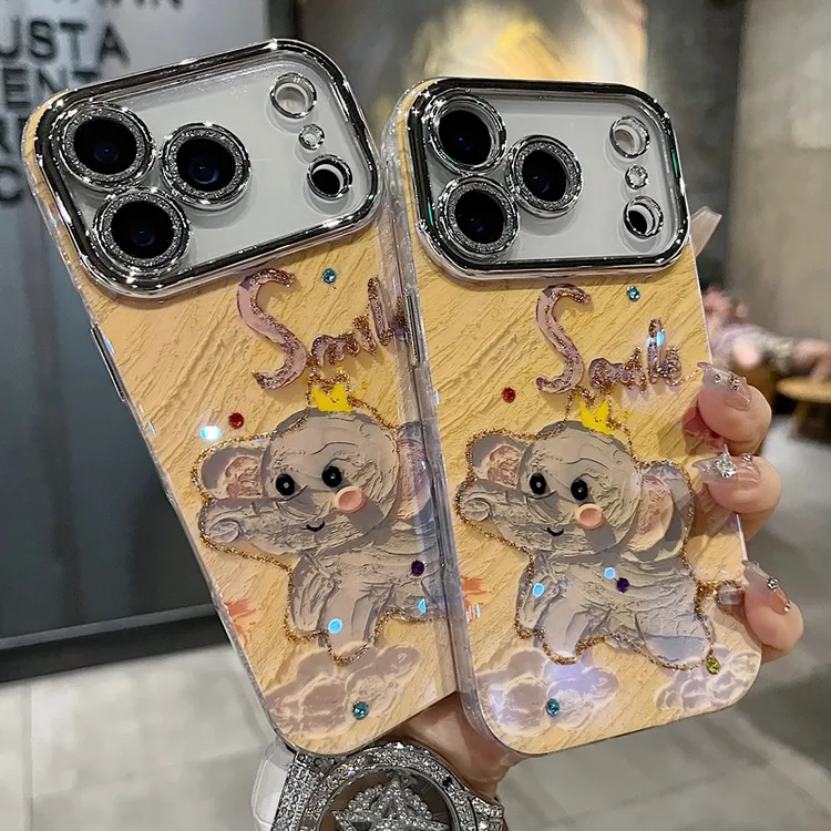 适用苹果系列iPhone17新款手机壳可爱风黄底小象全包闪粉镜头防摔
