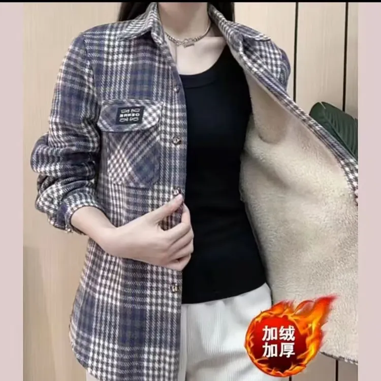 2025新款加绒格子衬衫女加绒加厚厚款保暖格子衬衣外套中长款宽松