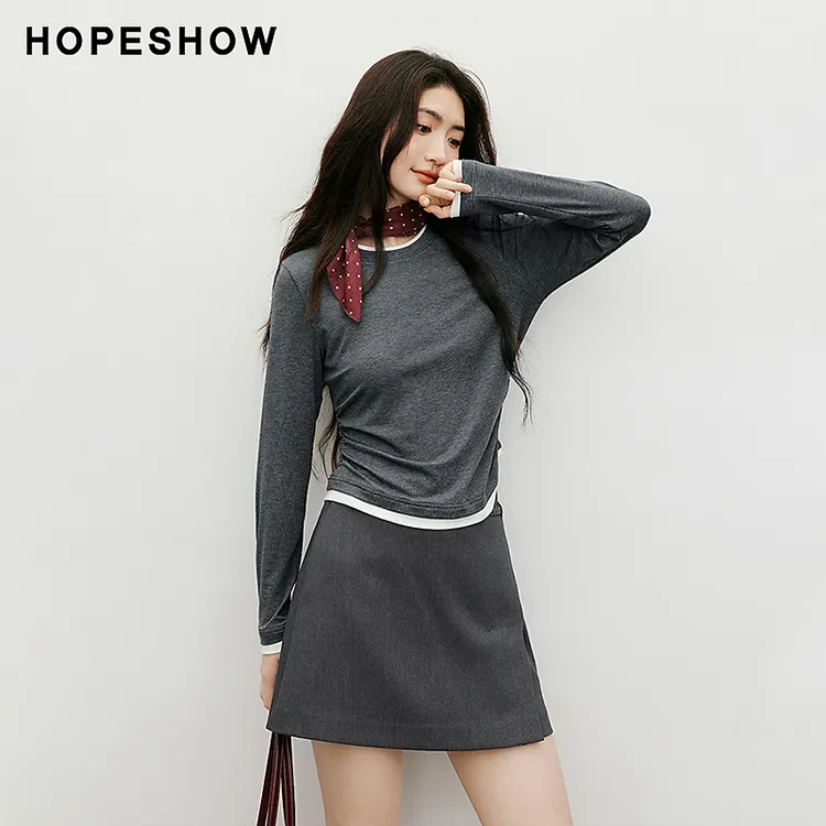 红袖2025秋新款女装 假两件撞色拼接正肩圆领套头上衣90125270203