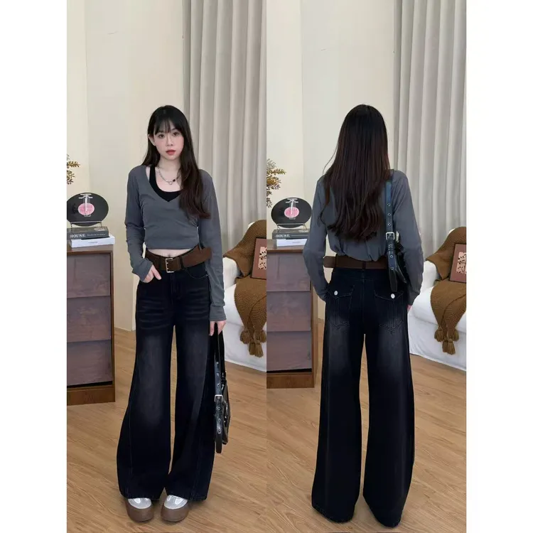 黑灰色阔腿牛仔裤女2025年秋季新款宽松高腰设计感辣妹直筒拖地裤