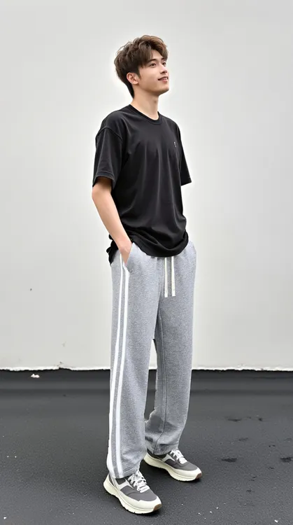 男装秋冬爆直筒卫裤灰色撞色百搭休闲裤冬季保暖男士青少年感