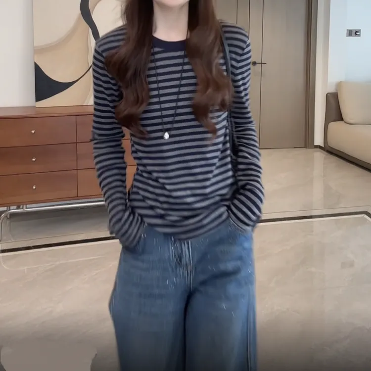 时尚宽松慵懒风宽松百搭内搭打底衫女2025秋季新款圆领条纹T恤