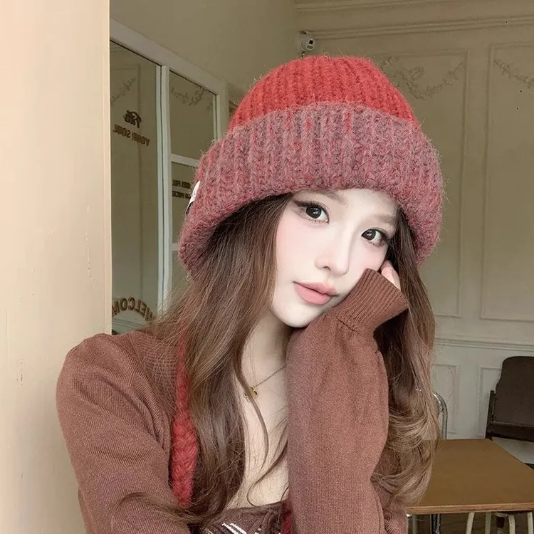 红色护耳毛线帽女秋冬季百搭显脸小针织帽大头围保暖包头帽子女款