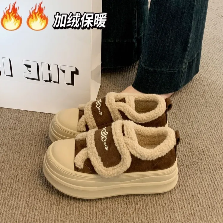 厚底加绒棉鞋女2025新款爆款冬季超火增高板鞋保暖魔术贴毛毛鞋子