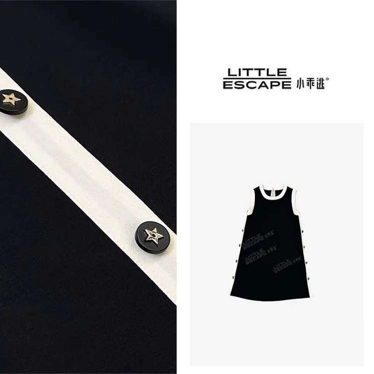 小乖逃D家奥奥黑色连衣裙撞香槟色边五角星扣无袖连衣裙 N95051