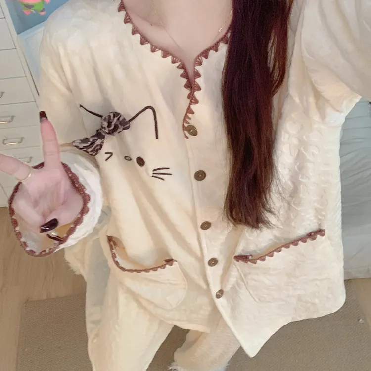 【加厚海岛绒】睡衣女款秋冬季卡通Hellokitty珊瑚绒甜美家居服套装