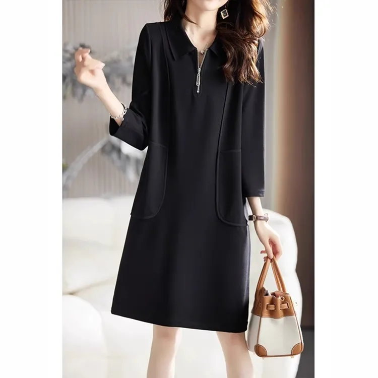 法式小众休闲连衣裙女秋季2025新款高端大码宽松洋气遮肚a字裙子