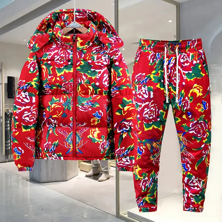 东北大花棉服套装男女同款冬季加厚保暖红棉袄中国风网红棉衣棉裤