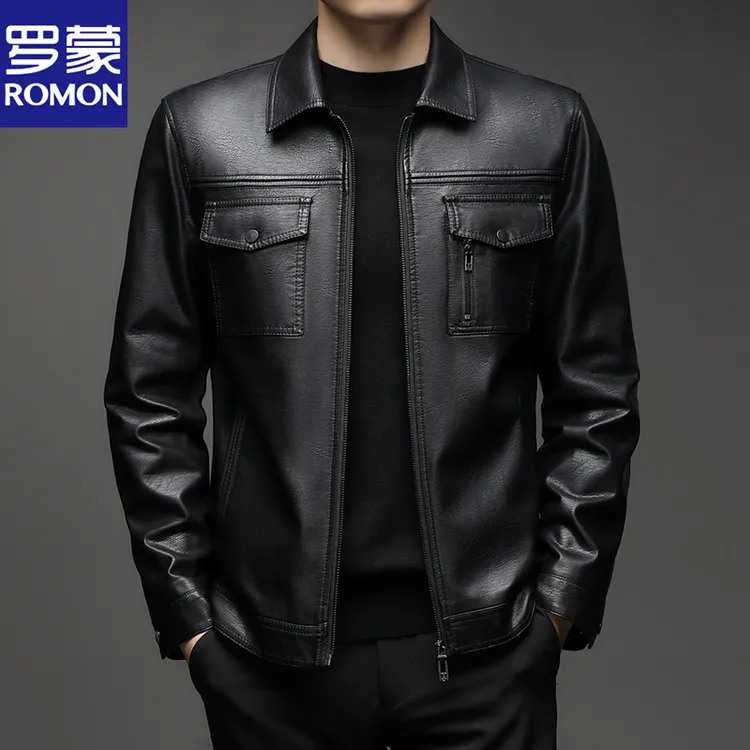Romon/罗蒙【双12好物】翻领男士皮衣皮夹克休闲百搭修身时尚韩皮衣