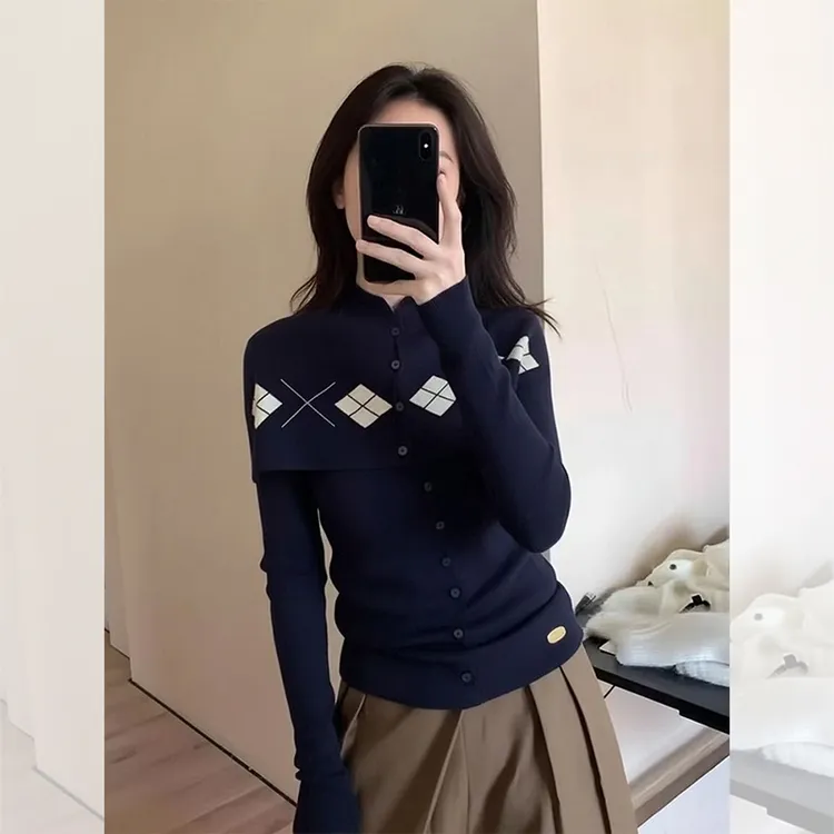 别致独特漂亮蓝色针织小衫女秋冬洋气休闲外穿菱格开衫两件套上衣