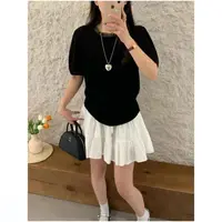玲姐定制-夏季蕾丝提花短袖Ｔ恤女圆领薄款微透珍珠扣套头75423