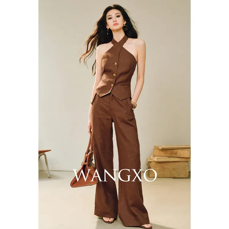 WANGXO 全亚麻交叉挂脖上衣裤子套装253361W 