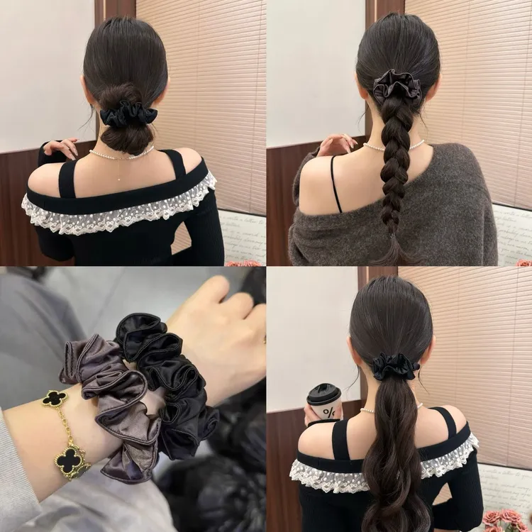 韩系高级感褶皱压边面膜花苞小肠发圈法式简约黑色低丸子头发绳