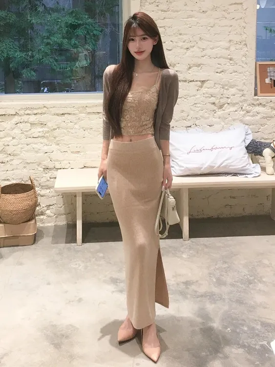 法式气质镂空提花蕾丝吊带背心长袖防晒开衫高腰半身裙早秋三件套
