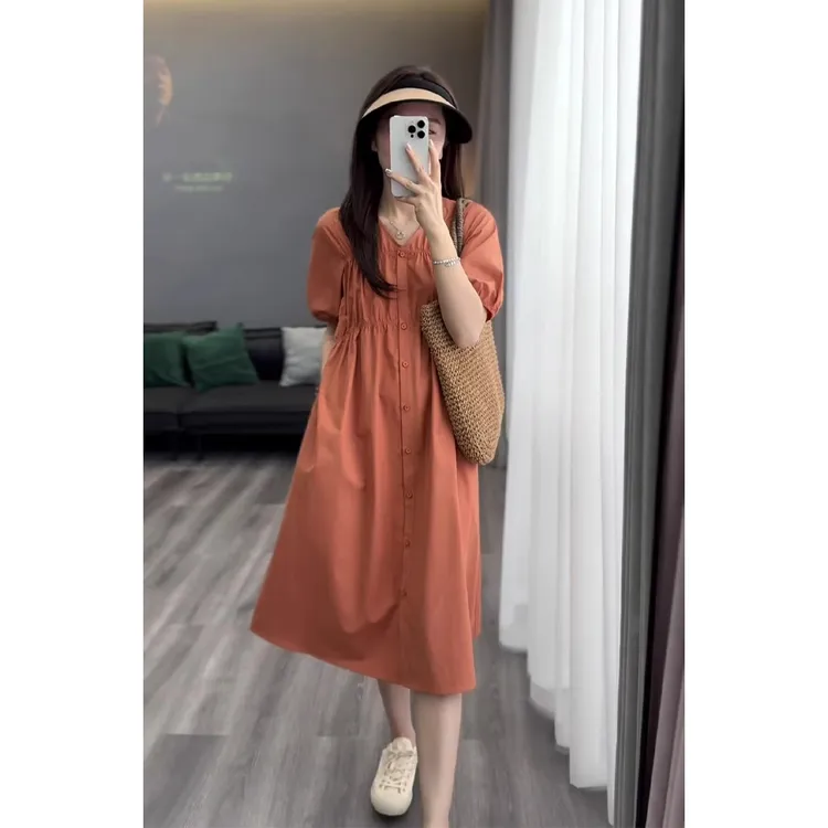 大码法式气质泡泡袖连衣裙女夏季胖mm收腰显瘦遮肚子洋气长裙子