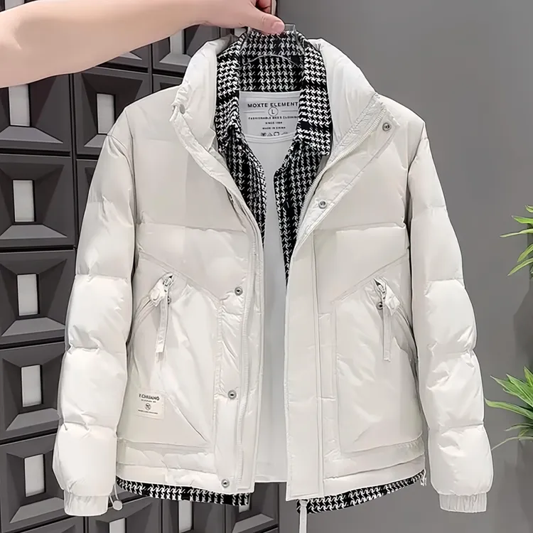 男士假两件短款立领羽绒服简约百搭上衣白鸭绒青年轻奢风时尚外套