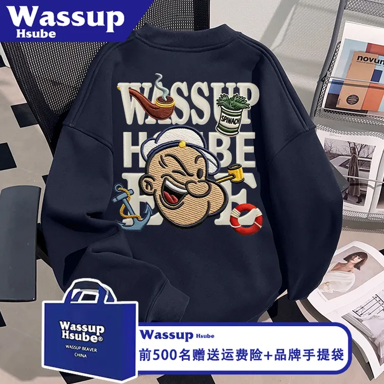 WASSUP HSUBE秋冬季男女藏青色上衣美式潮流卡通印花百搭个性卫衣