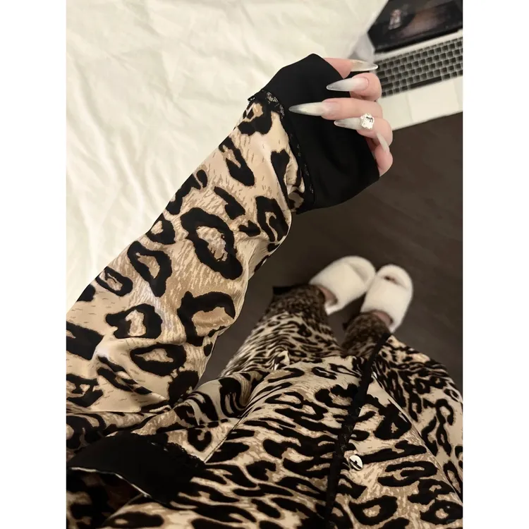 法式高级感轻奢豹纹冰丝睡衣女春秋新款大码长袖长裤家居服套装