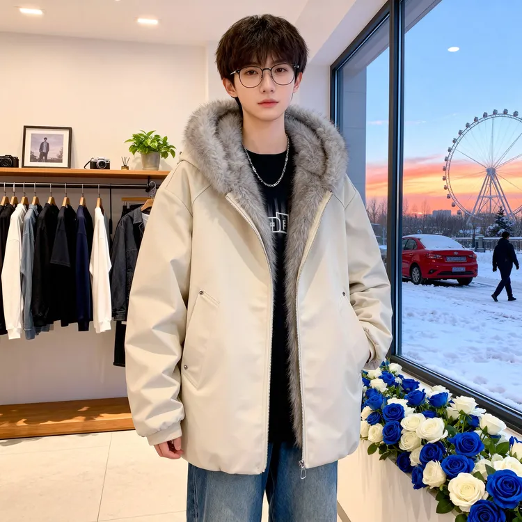 男装冬季棉袄加厚连帽棉衣棉服PU男士毛领夹棉座山雕外套男上衣服