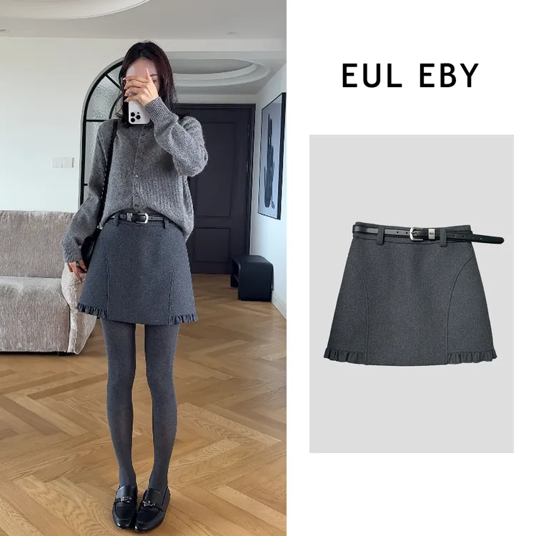 EUL EBYA字花边短裙木耳边高腰休闲时尚半身裙251589#