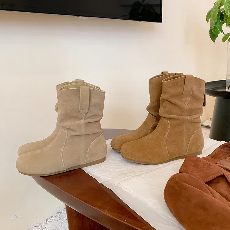 牛皮复古内增高短靴秋冬季新款勃肯堆堆靴女真皮短筒马丁靴子