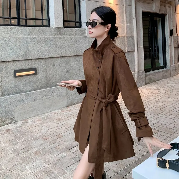 麂皮绒风衣外套复古美拉德立领麂皮短风衣女秋新款修身显瘦外套