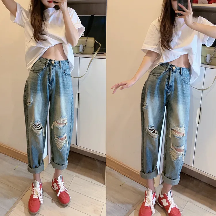 新款宽松破洞老爹牛仔裤大码女显瘦洋气显瘦直筒哈伦牛仔裤