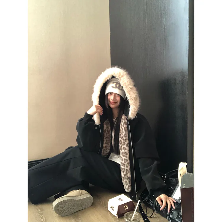 冬季小众街头豹纹拼接连帽HD短外套254H3724#